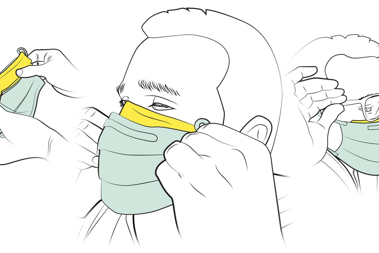 Graphic of the face of a person putting on a mask