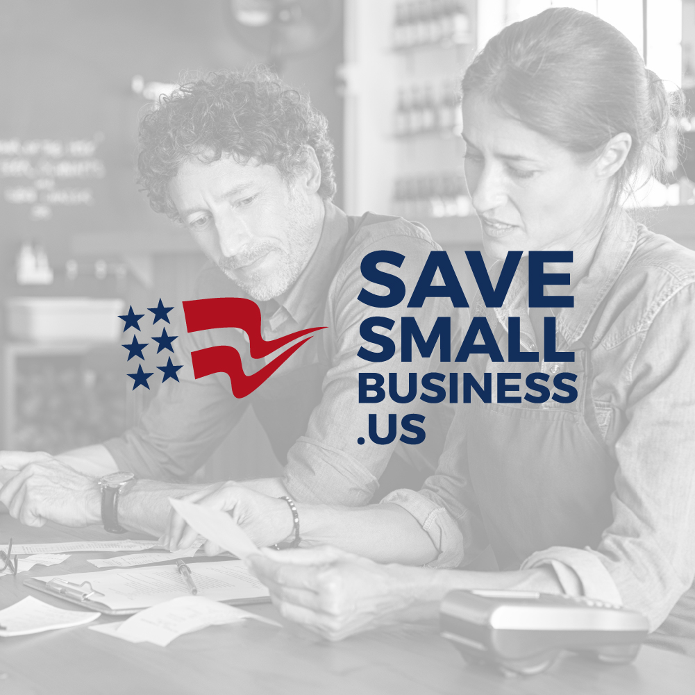 Black and white image of a man and woman looking at receipts. Save Small Business logo overlayed on image